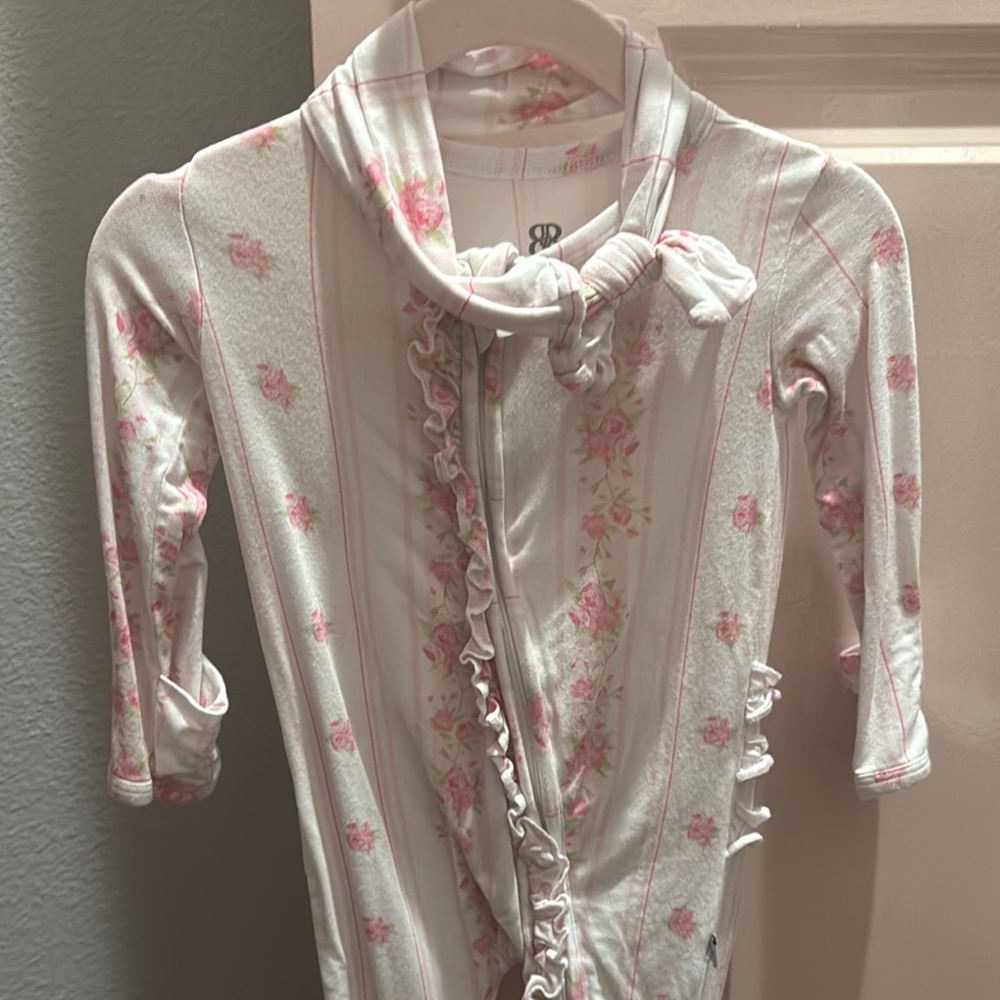 Pink Floral baby One Piece Footie with matching headband